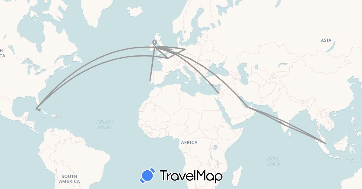 TravelMap itinerary: driving, plane in United Arab Emirates, Cuba, Germany, France, Ireland, Israel, India, Netherlands, Portugal, Singapore (Asia, Europe, North America)